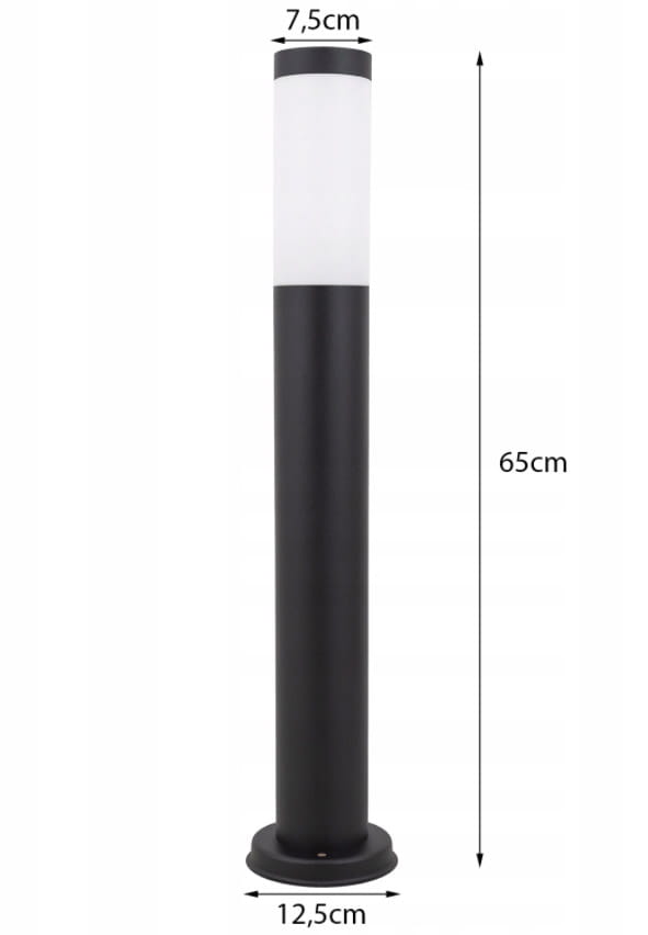 Czarna lampa stojąca ogrodowa Manila H65 o wysokości 65 cm i średnicy podstawy 12,5 cm. Okrągły kształt, z białym kloszem u góry o średnicy 7,5 cm, idealna do oświetlenia przestrzeni na zewnątrz.