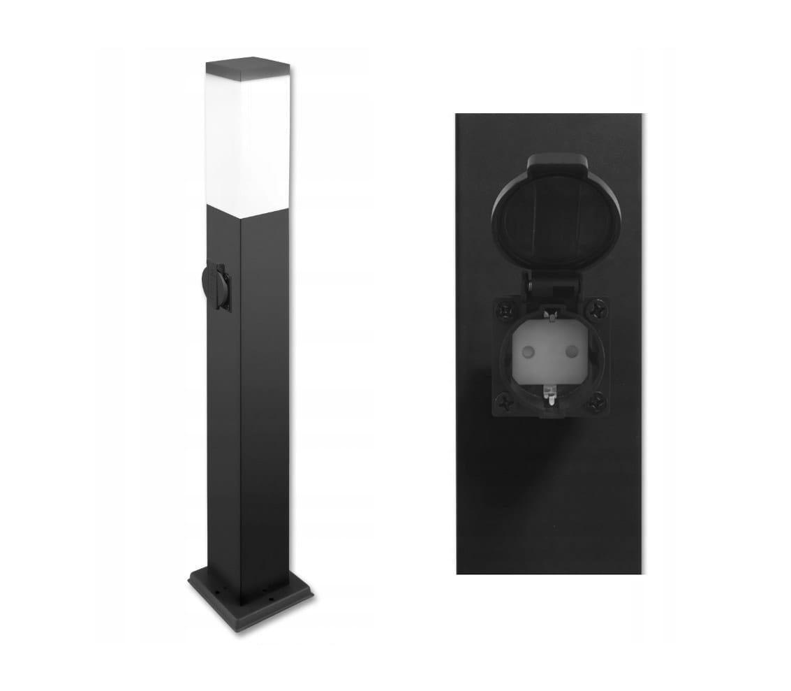 Lampa stojąca ogrodowa Havana H65 w kolorze czarnym, kwadratowa, z białym kloszem na górze. Z boku znajduje się gniazdo z zaślepką, montowane na stabilnej podstawie. Ujęcie frontalne ukazuje całość produktu oraz detale gniazda.