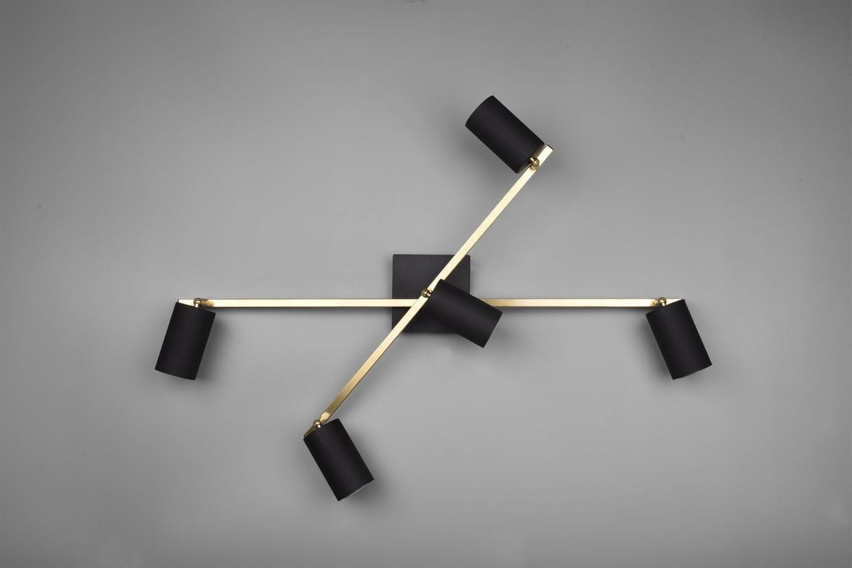 Lampa sufitowa Marley 5-punktowa, czarna z złotymi detalami. Konstrukcja z pięcioma ruchomymi ramionami, z okrągłymi, czarnymi kloszami, montowana na ścianie. Prosta, nowoczesna forma na szarym tle.