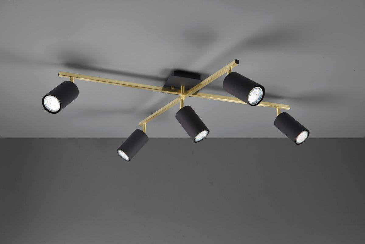 Lampa sufitowa Marley 5-punktowa w kolorze czarnym i złotym. Posiada pięć cylindrycznych reflektorów na ruchomych ramionach, zamontowana na prostokątnej podstawie. Ujęcie z dołu, ukazujące detale konstrukcji i stylistykę.