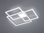 Hydra LED lampa sufitowa 4-punktowa w kolorze białym, złożona z czterech prostokątnych ram w minimalistycznym designie. Środkowy element ma formę kwadratu z białym źródłem światła. Ujęcie z dołu, na szarym tle.