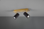Lampa sufitowa Marley (spot) 2-punktowa w kolorze czarnym i złotym. Posiada dwa cylindryczne reflektory umieszczone na prostokątnej, złotej podstawie, zamontowane na szarym tle. Reflektory są ruchome, umożliwiając regulację kierunku światła.