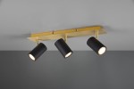 Czarna lampa sufitowa Marley z trzema punktami świetlnymi, zamontowana na złotej podstawie. Reflektory mają cylindryczny kształt, skierowane w różnych kierunkach, z widocznym źródłem światła. Produkt umieszczony na szarym tle.