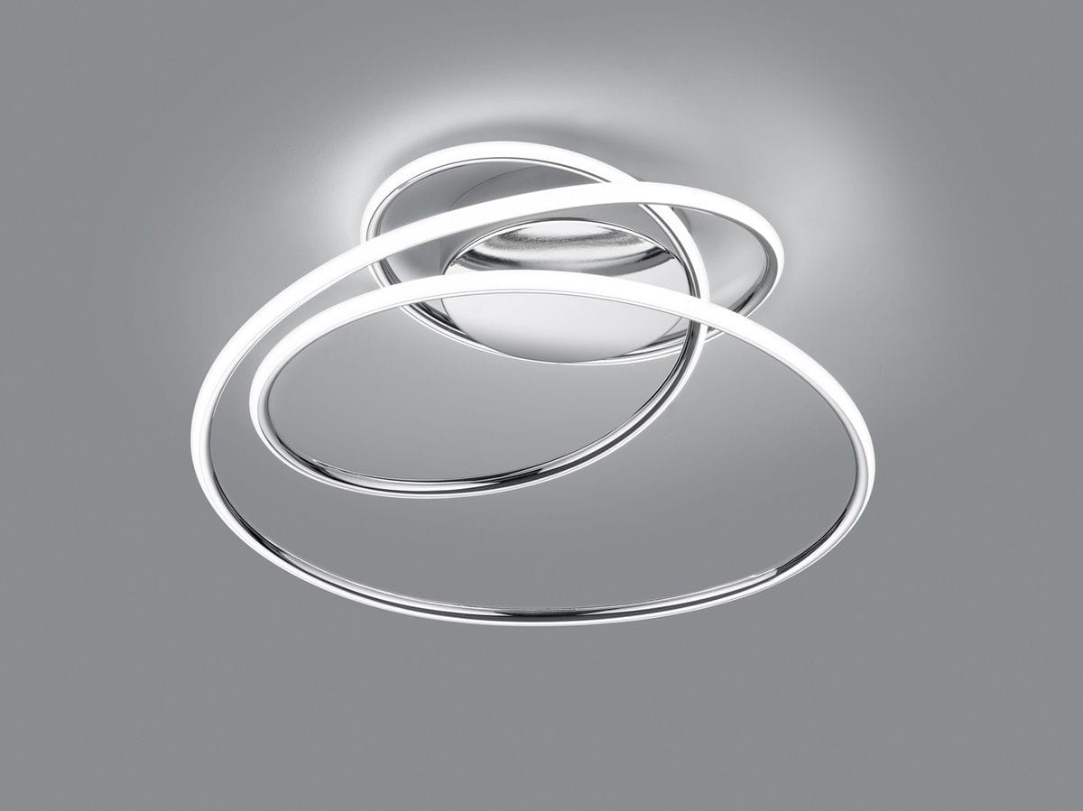 Bologna LED lampa sufitowa 1-punktowa w chromie, z dwoma splecionymi pierścieniami emitującymi światło. Produkt zamontowany na okrągłej podstawie, w minimalistycznym designie, idealny do nowoczesnych wnętrz.