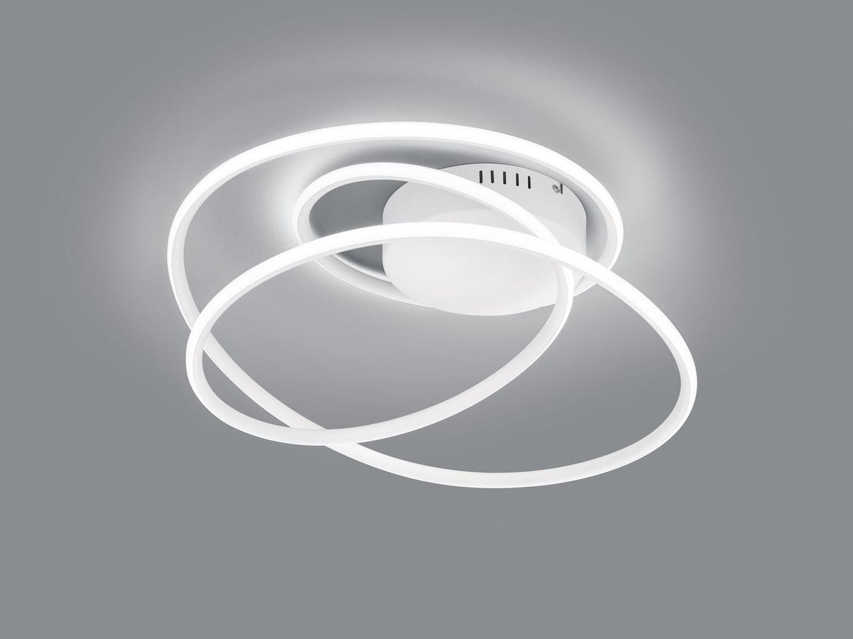 Lampa sufitowa Bologna LED 1-punktowa, biała. Okrągła, złożona z dwóch spiralnych pierścieni LED otaczających centralną, matową kulę. Ujęcie z góry, na jednolitym szarym tle, podkreślające nowoczesny design.