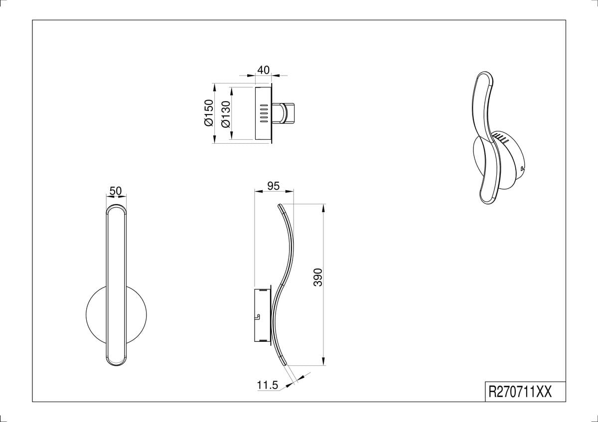 Kinkiet Parma LED 1-punktowy w kolorze chromowym. Okrągła podstawa o średnicy 150 mm, wysokość 390 mm, szerokość 95 mm. Kształt oprawy lekko wygięty, z detalami montażowymi. Widoczne wymiary: 40 mm i 11,5 mm.