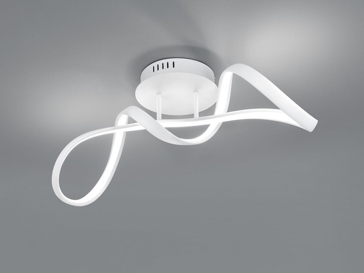 Biała lampa sufitowa Perugia LED, z unikalnym, falistym kształtem, zamontowana na okrągłej podstawie. Widoczne są dwa mocowania oraz delikatne, matowe wykończenie. Lampa prezentuje się w frontalnym ujęciu na szarym tle.