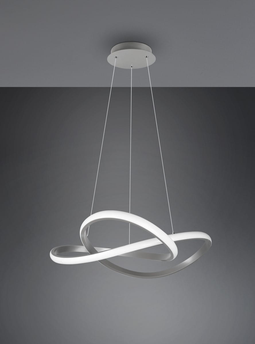 Lampa wisząca Course LED 4000K w kolorze niklowym, z dwoma okrągłymi, białymi pierścieniami o nowoczesnym kształcie, zawieszona na cienkich linkach. Produkt widoczny na szarym tle, w pozycji wiszącej.