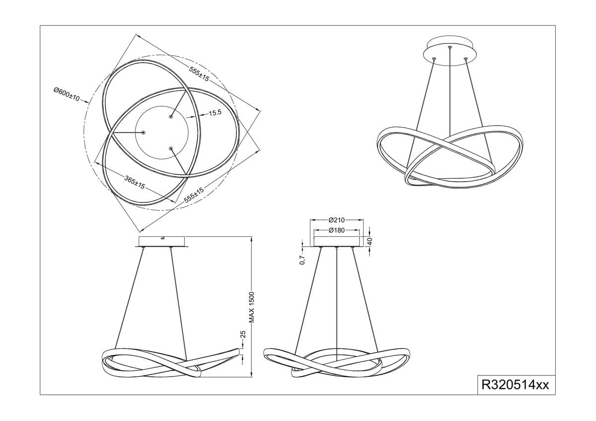 Czarna lampa wisząca Course LED 4000K o nowoczesnym designie, złożona z dwóch spiralnych elementów. Wymiary: średnica 60 cm, wysokość regulowana do 150 cm. Widok frontalny z detalami montażowymi i wymiarami.