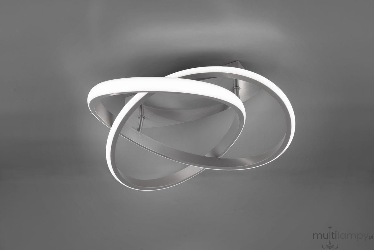 Lampa sufitowa Course LED 4000K w kolorze niklu, z dwoma okrągłymi, białymi pierścieniami. Ujęcie frontalne, montowana na suficie. Elementy metalowe o matowej fakturze, minimalistyczny design. Tło szare, podkreślające elegancję lampy.