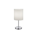 Lampa stołowa Jerry 1-punktowa, z białym tekstylnym kloszem na chromowanej podstawie. Ujęcie frontalne, produkt stojący na jednolitym tle. Prosty, cylindryczny kształt z wykończeniem metalicznym, idealna do nowoczesnych wnętrz.
