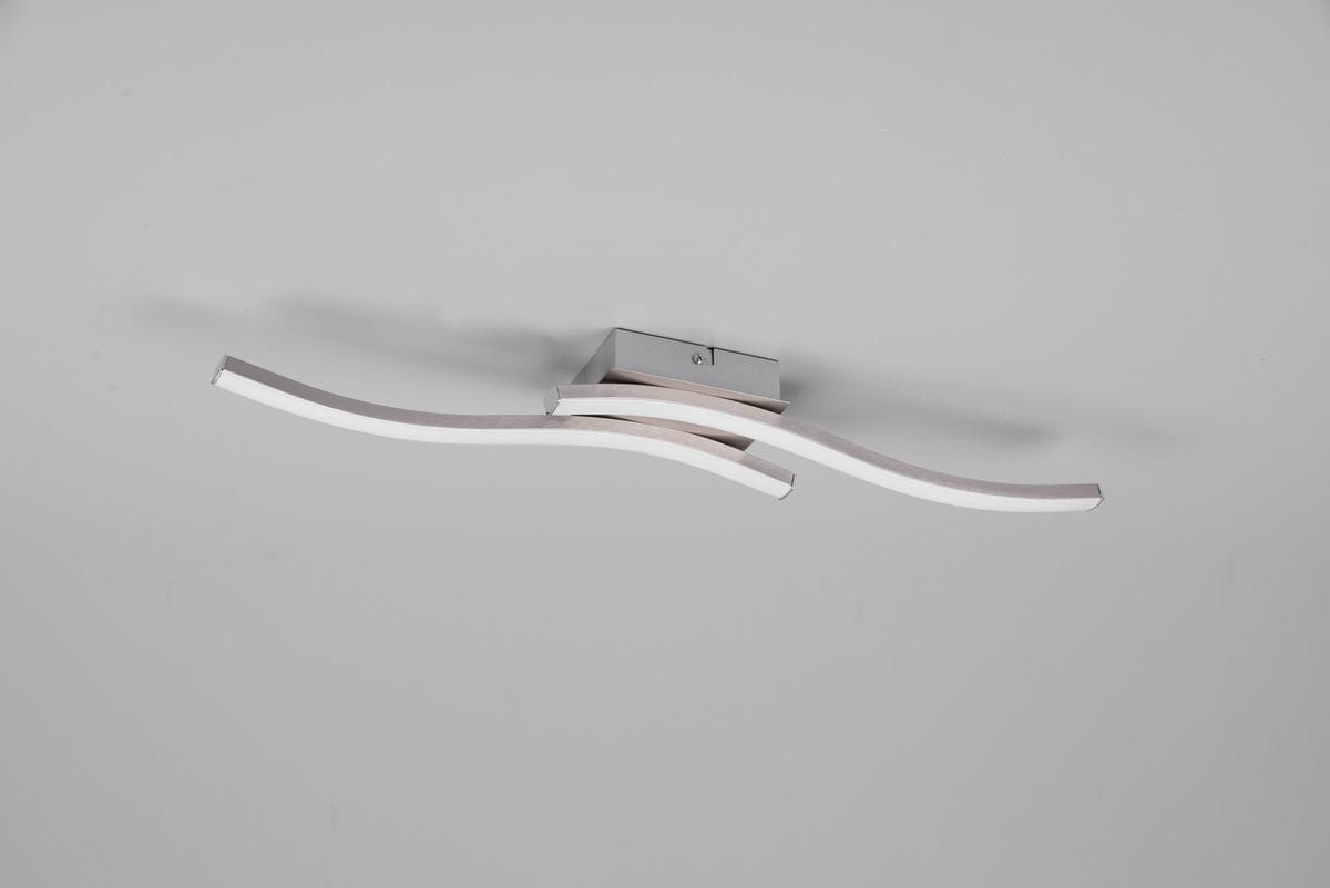 Lampa sufitowa Route LED 4000K w kolorze niklu, z dwoma falistymi ramionami w białym kolorze, zamontowana na prostokątnej podstawie. Produkt widoczny z góry, na jednolitym tle.