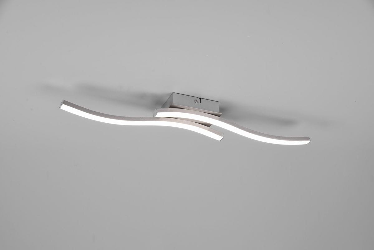 Lampa sufitowa Route LED 4000K w kolorze niklu z dwiema falującymi, podświetlanymi listwami LED. Ujęcie z góry, zamontowana na prostej podstawie. Elegancki design, idealna do nowoczesnych wnętrz.