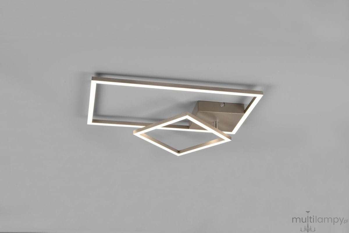 Lampa sufitowa Padella LED 4000K w kolorze niklu, z dwoma punktami świetlnymi. Prosta konstrukcja z geometrycznymi kształtami: prostokąt i romb, zamontowana na szarej powierzchni. Idealna do nowoczesnych wnętrz.