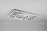 Lampa sufitowa Padella LED 4000K w kolorze niklowym, z dwoma prostokątnymi ramkami w białym kolorze, zamontowana na suficie. Kąt ujęcia z dołu, ukazujący nowoczesny design i unikalne połączenie geometrycznych kształtów.