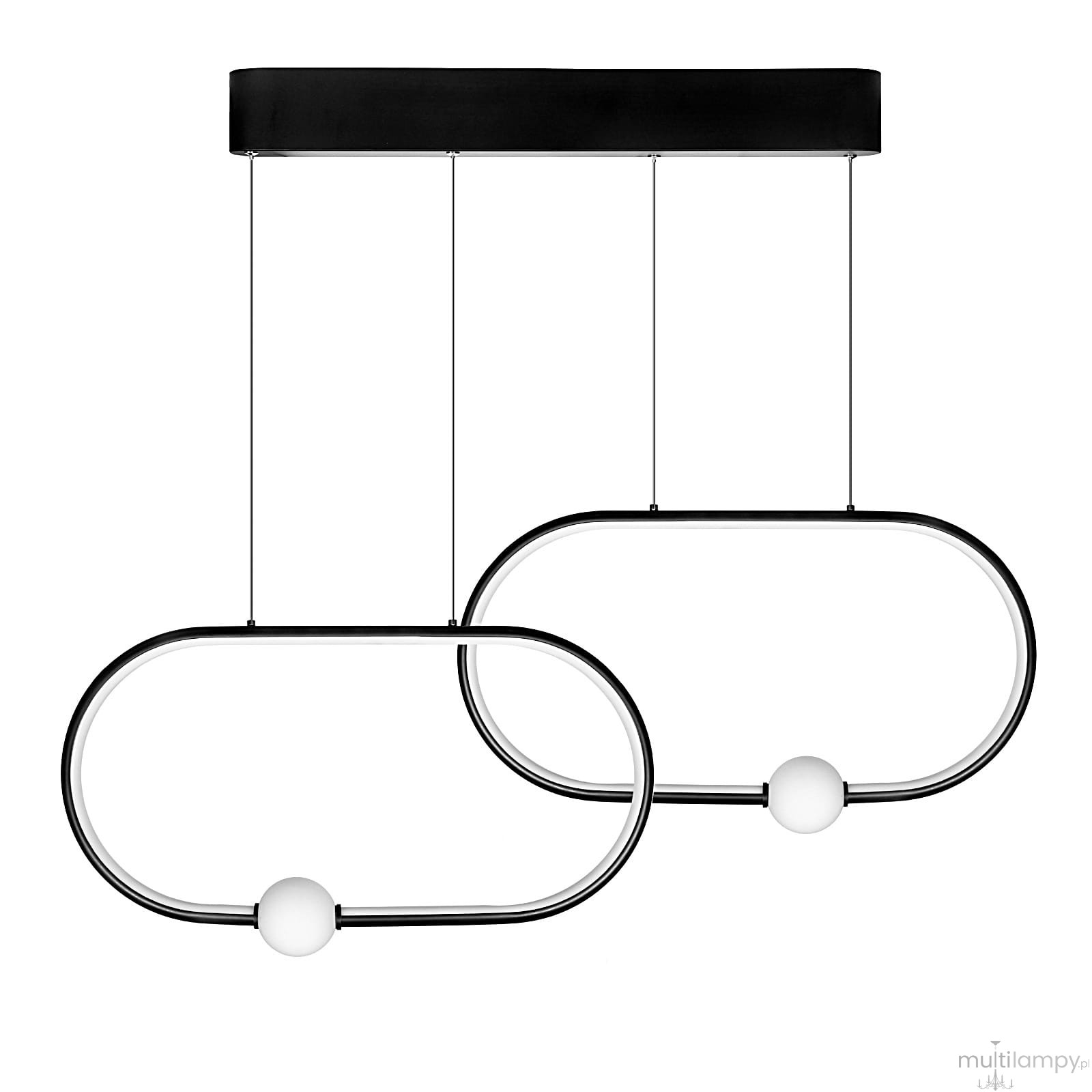 Czarna lampa wisząca Ovo LED 48W z dwoma punktami świetlnymi, o nowoczesnym, owalnym kształcie. Elementy szklane w kolorze białym, zawieszone na cienkich linkach. Umożliwia różnorodne aranżacje w nowoczesnych wnętrzach.