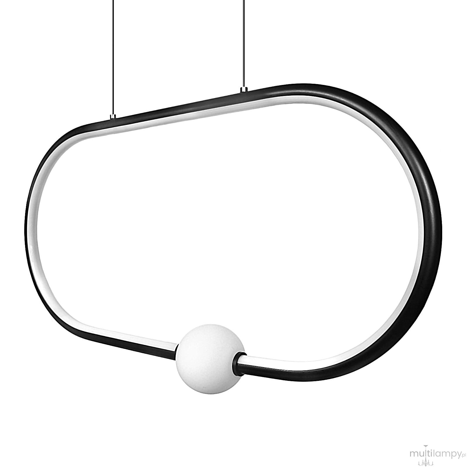 Czarna lampa wisząca Ovo LED 48W o nowoczesnym, owalnym kształcie z białą kulką na środku. Zawieszona na cienkich linkach, z podświetleniem LED wzdłuż krawędzi. Doskonała do nowoczesnych wnętrz.