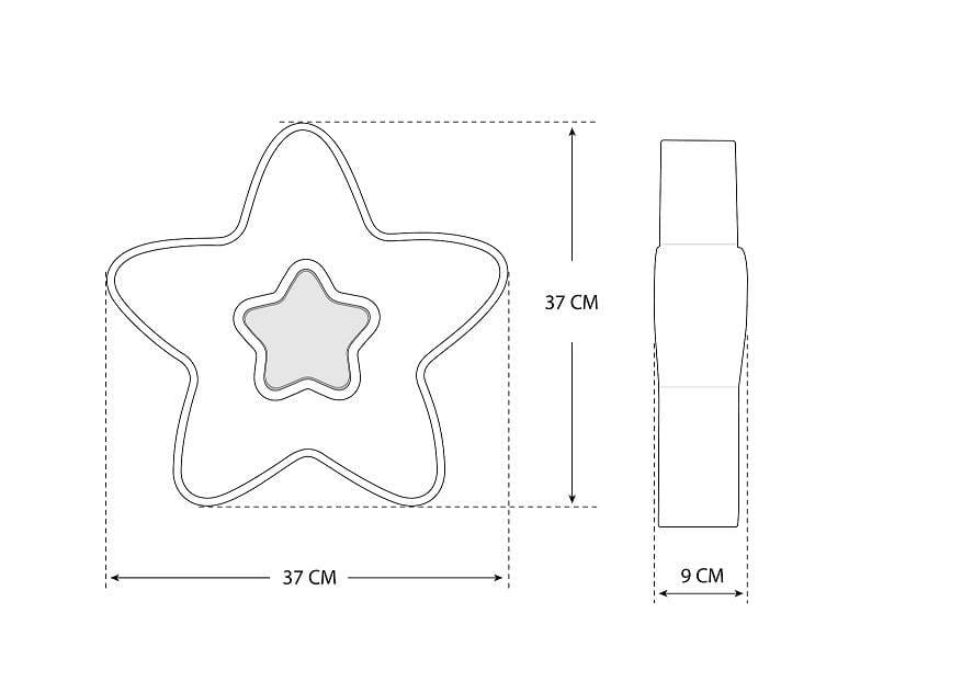 Szara lampa sufitowa w kształcie gwiazdy o wymiarach 37 cm x 37 cm, z centralną gwiazdką w środku. Grubość obudowy wynosi 9 cm. Produkt wyposażony w pilot do zdalnego sterowania.