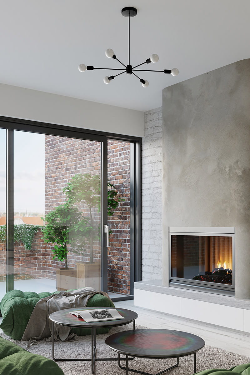 Czarna lampa wisząca Lango z sześcioma punktami świetlnymi, z metalowymi ramionami i białymi kloszami. Zawieszona w nowoczesnym wnętrzu z dużymi oknami, obok kominka i zielonych akcentów dekoracyjnych.