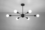 Lango lampa wisząca 6-punktowa w kolorze czarnym, z sześcioma okrągłymi kloszami na długich ramionach. Produkt zamontowany na suficie, widoczny z dołu, na jednolitym tle. Idealna do nowoczesnych wnętrz.