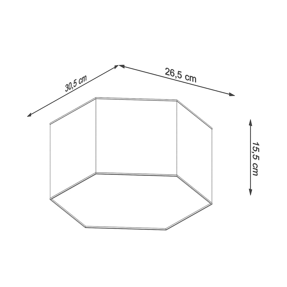 Plafon Sunde H15 w kolorze białym, o wymiarach 30,5 cm długości, 26,5 cm szerokości i 15,5 cm wysokości. Kształt heksagonalny, dwupunktowy, montowany do sufitu. Prosty, nowoczesny design, idealny do oświetlenia wnętrz.