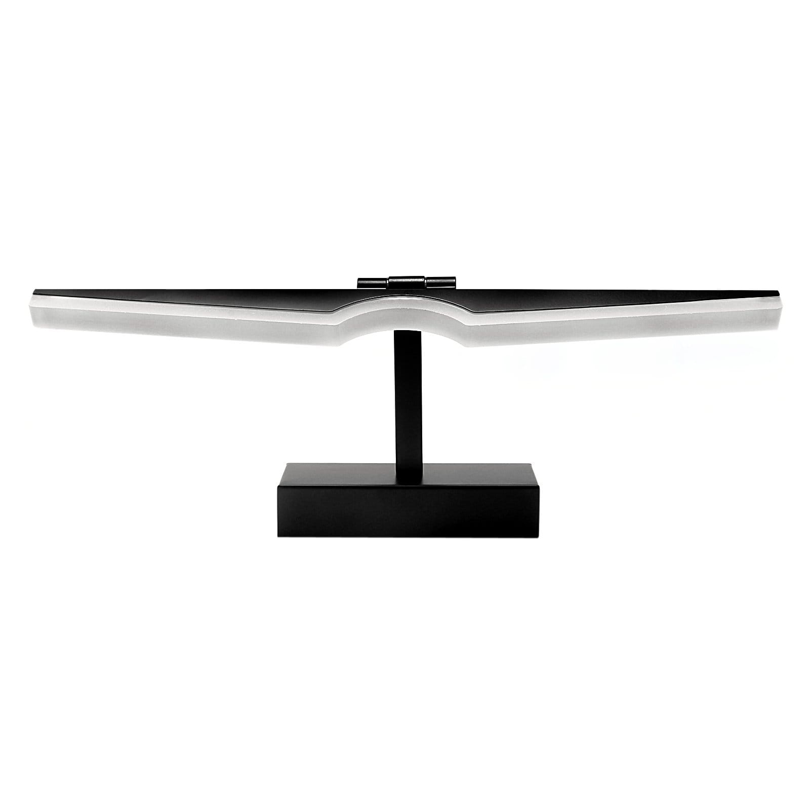 Czarny kinkiet LED o długości 40 cm, przeznaczony do łazienki lub jako oświetlenie obrazów. Posiada prostą, minimalistyczną formę z metalowym stelażem i mlecznym kloszem, montowany na stojaku. Klasa ochrony IP44, idealny do wilgotnych pomieszczeń.
