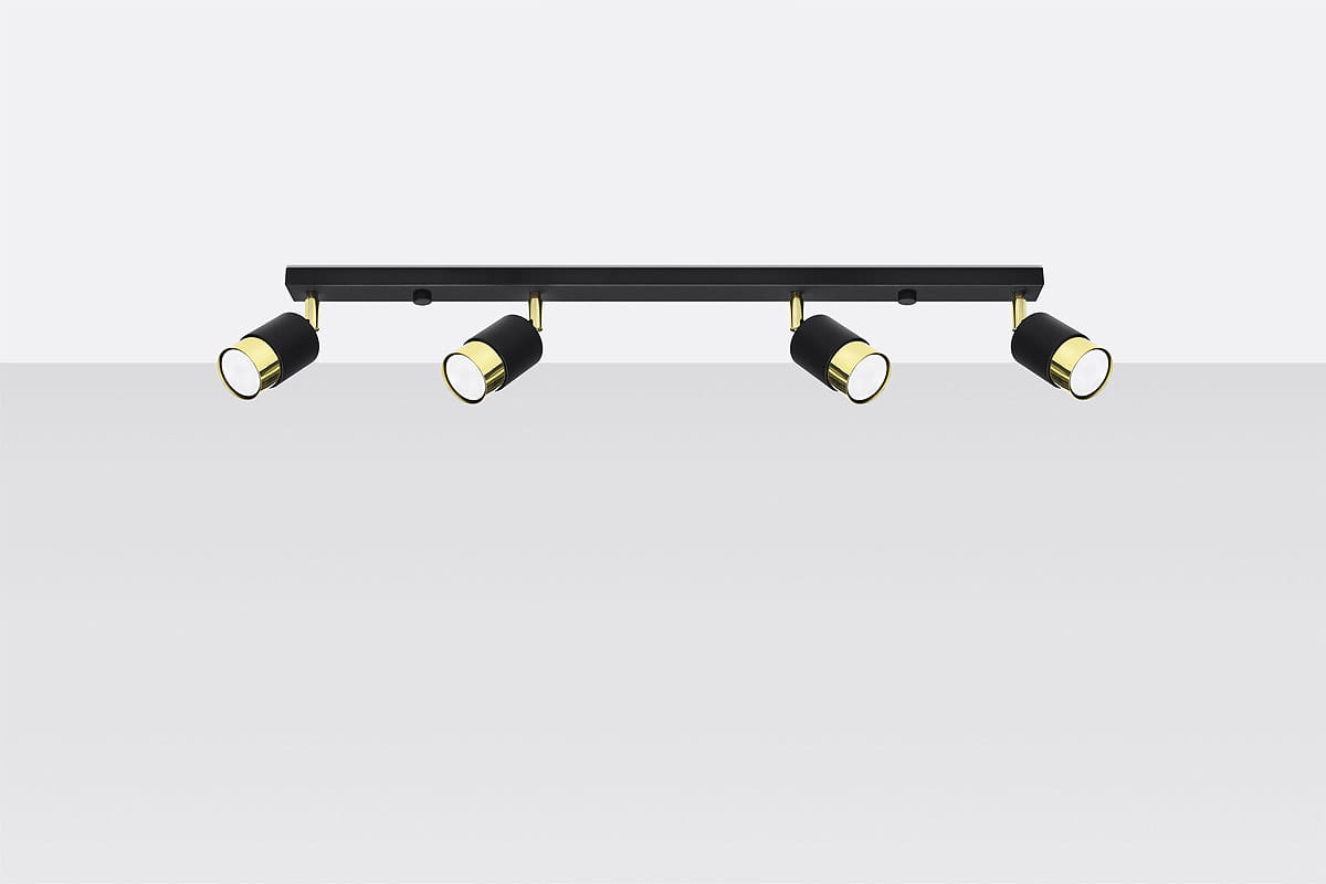 Czarna lampa sufitowa (spot) 4-punktowa Nero z metalowymi złotymi detalami. Ułożona poziomo, z czterema regulowanymi reflektorami, każdy z białą osłoną. Prosta konstrukcja na gładkim tle, idealna do nowoczesnych wnętrz.