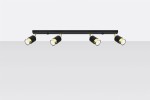 Czarna lampa sufitowa (spot) 4-punktowa Nero z metalowymi złotymi detalami. Ułożona poziomo, z czterema regulowanymi reflektorami, każdy z białą osłoną. Prosta konstrukcja na gładkim tle, idealna do nowoczesnych wnętrz.