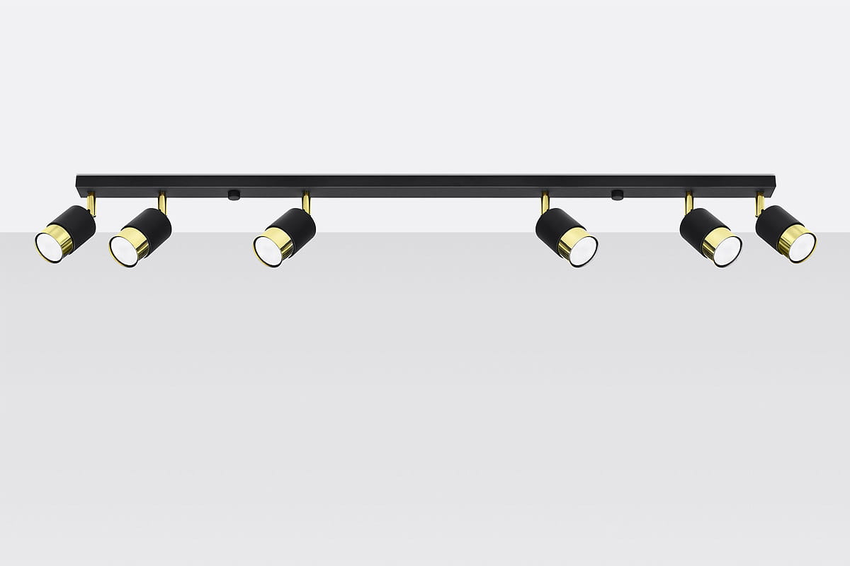 Czarna lampa sufitowa Nero z 6 punktami świetlnymi, z metalowymi elementami w kolorze złotym. Ułożona poziomo, każdy reflektor skierowany w inną stronę, na prostokątnej podstawie. Prosty design, idealna do nowoczesnych wnętrz.