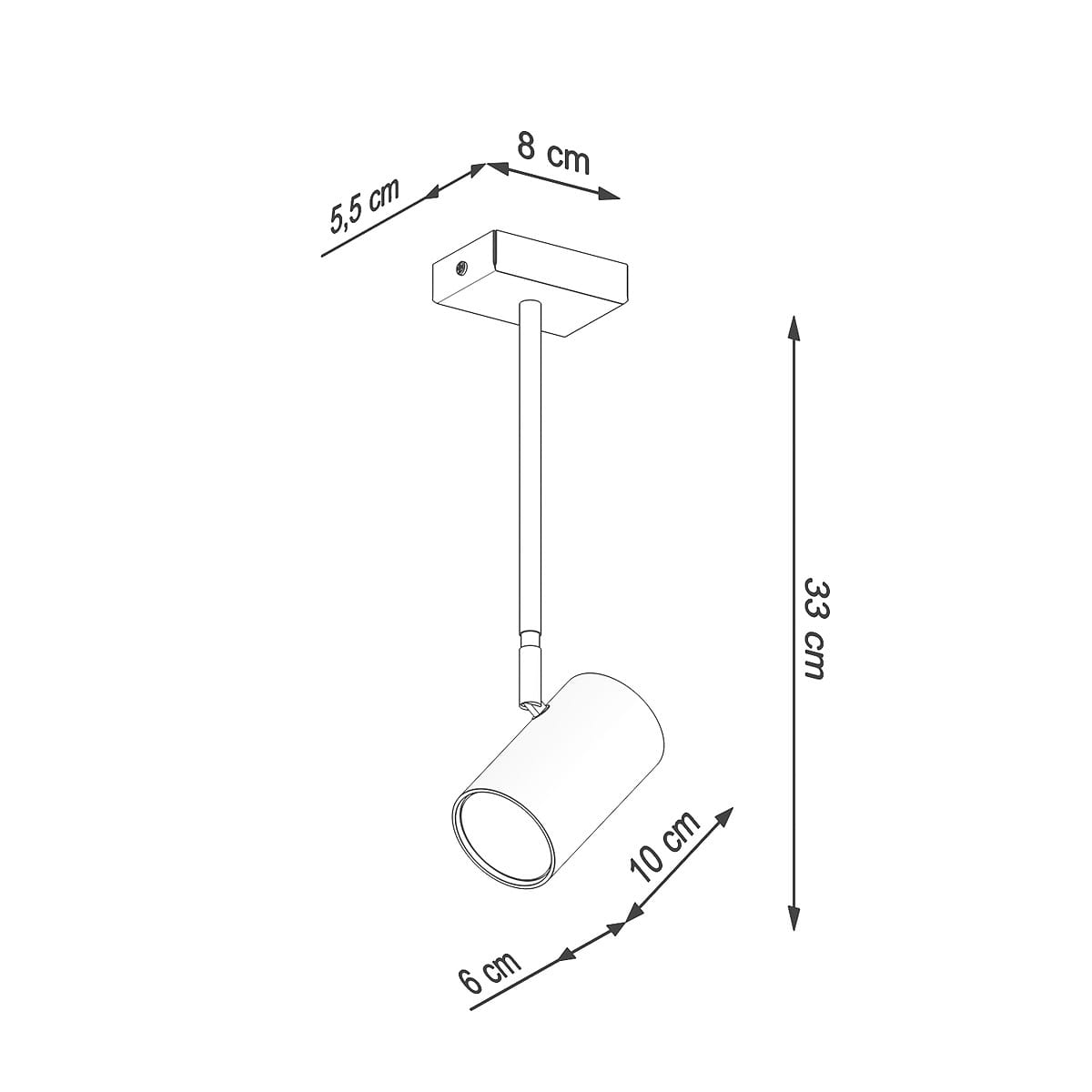 Lampa sufitowa Norano, czarna, 1-punktowa, o wymiarach 33 cm wysokości, 10 cm średnicy klosza i 6 cm średnicy podstawy. Montaż na suficie, z prostym, minimalistycznym designem. Wymiary podstawy: 8 cm x 5,5 cm.