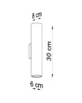 Biały kinkiet 2-punktowy Lagos, w kształcie cylindrycznym. Wymiary: wysokość 30 cm, średnica 8 cm, szerokość 6 cm. Montowany na ścianie, z widocznymi detalami konstrukcji. Prosty design, idealny do nowoczesnych wnętrz.