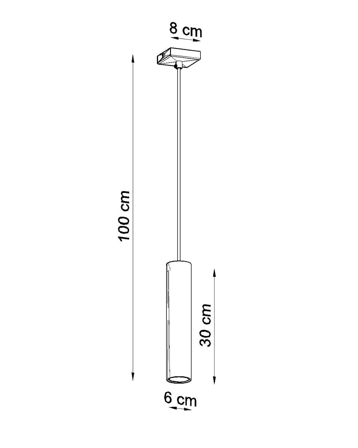 Lagos lampa wisząca 1-punktowa w kolorze czarnym, o prostokątnym elemencie mocującym o wymiarach 8 cm, zawieszona na cienkim kablu o długości 100 cm. Cylindryczny klosz ma wysokość 30 cm i średnicę 6 cm, idealna do nowoczesnych wnętrz.