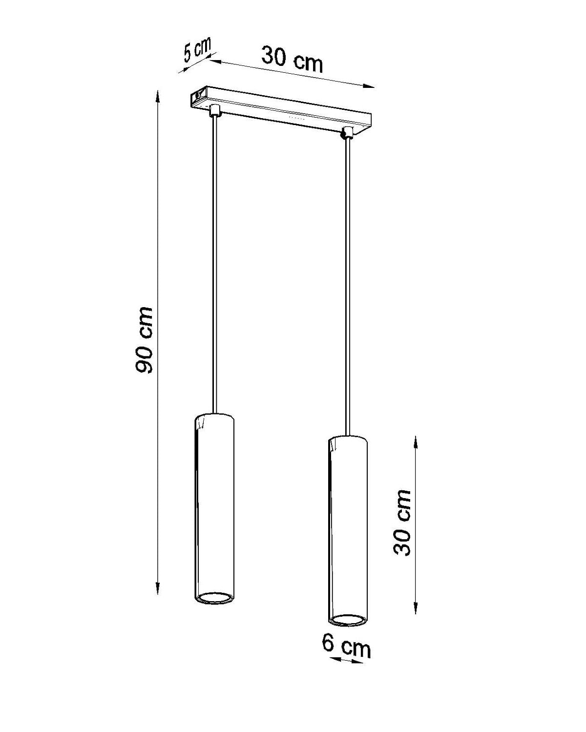 Lagos lampa wisząca 2-punktowa w kolorze czarnym, z prostokątnym stelażem o wymiarach 30 cm x 5 cm i dwoma cylindrycznymi kloszami o wysokości 30 cm i średnicy 6 cm, zawieszona na cienkich linkach.