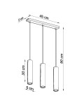 Lagos lampa wisząca 3-punktowa w kolorze białym, z trzema cylindrycznymi kloszami o średnicy 6 cm i wysokości 30 cm, zawieszona na cienkich linkach. Całkowita wysokość to 90 cm, a szerokość podstawy wynosi 45 cm.