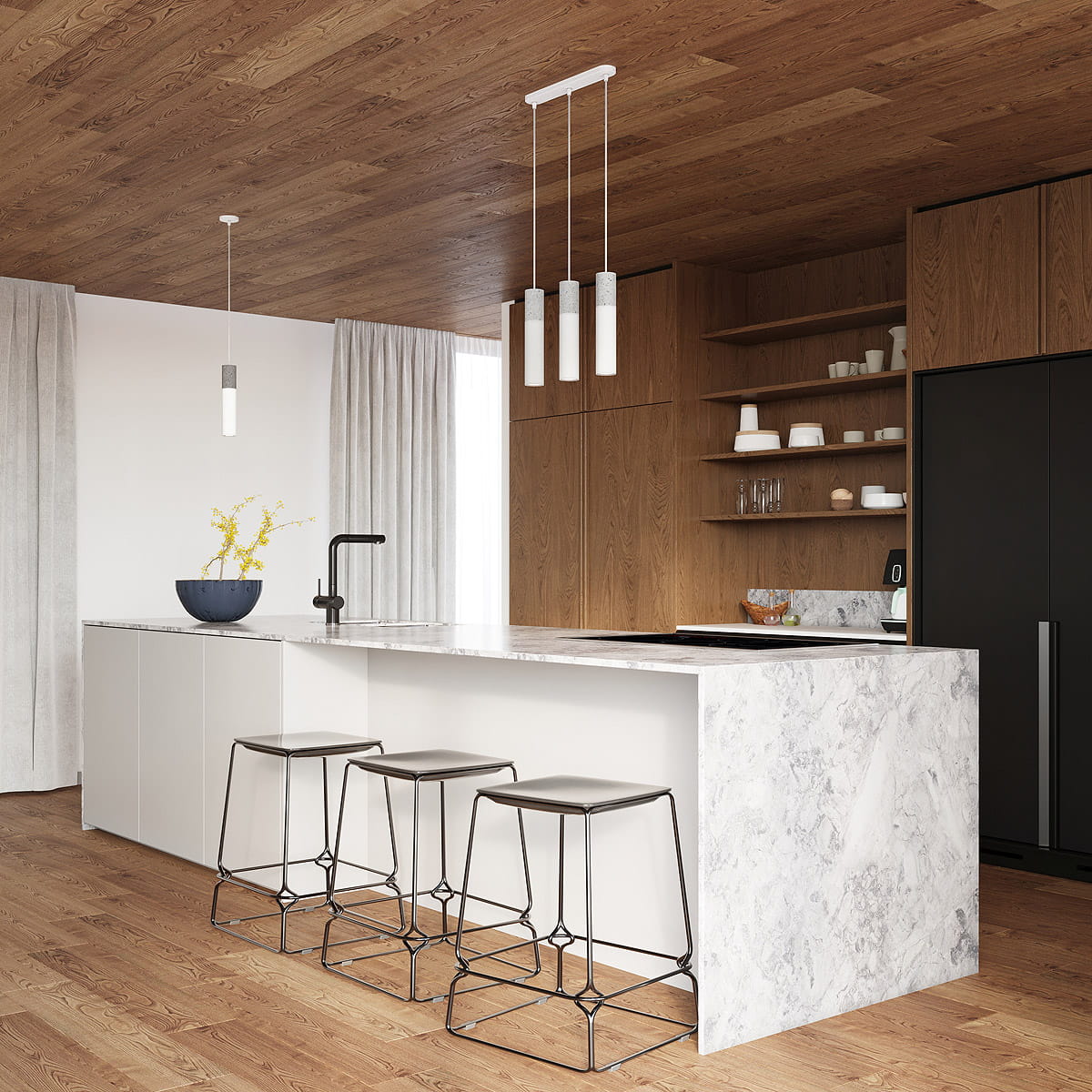 Lampa wisząca Borgio 1-punktowa w kolorze białym, z minimalistycznym, cylindrycznym kloszem. Zawieszona w nowoczesnej kuchni, nad wyspą, obok trzech metalowych stołków. Tło w jasnych odcieniach z drewnianym sufitem i meblami.