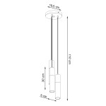 Lampa wisząca Borgio 3-punktowa w kolorze białym z okrągłym plafonem o średnicy 19,5 cm. Wymiary: wysokość 110 cm, długość zwisów 30 cm, średnica kloszy 6 cm. Produkt zawieszony, z dwoma kloszami na długich kablach.