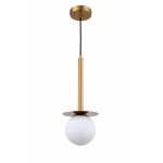 Lampa wisząca Roma 1-punktowa w kolorze złotym. Posiada prostą, metalową konstrukcję z okrągłym kloszem w kolorze białym. Ujęcie frontalne, lampa zwisa z sufitu na czarnym przewodzie, z płaskim elementem montażowym.