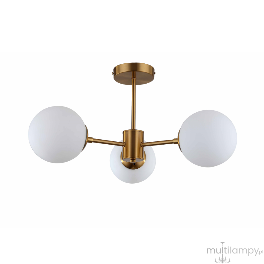 Złota lampa sufitowa Roma z trzema oprawami, każda z biały, okrągłym kloszem. Ujęcie frontalne, lampa zamontowana na suficie, z widocznymi detalami konstrukcji. Minimalistyczny design, idealna do nowoczesnych wnętrz.