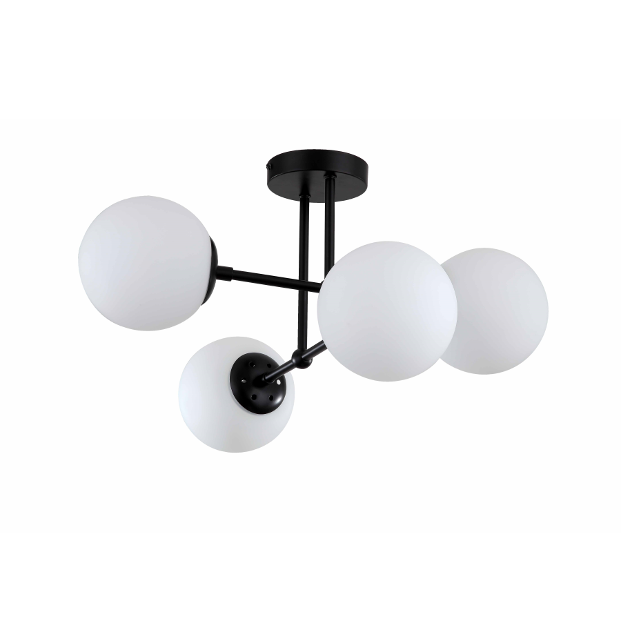Czarna lampa sufitowa Roma 4-punktowa, z czterema białymi, okrągłymi kloszami z matowego szkła, zamontowana na okrągłej podstawie. Produkt wisi w pozycji rozłożonej, z równomiernym rozmieszczeniem źródeł światła.