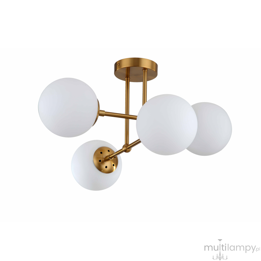 Złota lampa sufitowa Roma 4-punktowa z białymi, matowymi kulkami. Produkt zamontowany na okrągłej, złotej podstawie, z równomiernie rozmieszczonymi źródłami światła. Ujęcie frontalne, ukazujące wszystkie cztery klosze.