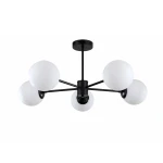 Czarna lampa sufitowa Roma 5-punktowa LP-1345/5P BK z pięcioma białymi, okrągłymi kloszami. Ujęcie z dołu, pokazujące symetryczne rozmieszczenie kloszy na metalowej konstrukcji. Prosta, nowoczesna forma, idealna do różnych wnętrz.