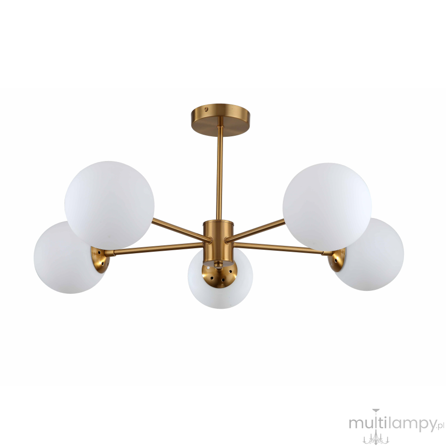Złota lampa sufitowa Roma z pięcioma białymi, okrągłymi kloszami. Ułożona w formie rozłożystego żyrandola, z centralnym mocowaniem. Klosze wykonane z matowego szkła, metalowa konstrukcja z wykończeniem w złotym kolorze.