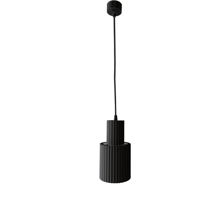 Lampa wisząca Tokio 1-punktowa w kolorze czarnym. Wykonana z materiału o teksturowanej powierzchni, z cylindrycznym kloszem o żłobieniach. Powieszona na cienkim przewodzie, z okrągłym mocowaniem sufitowym.