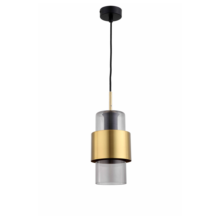 Czarna lampa wisząca Miele D13 z jedną oprawą, z elementem w złotym kolorze, wykonana z przezroczystego szkła. Produkt zawieszony na czarnym przewodzie, z płaskim mocowaniem sufitowym. Idealna do nowoczesnych wnętrz.