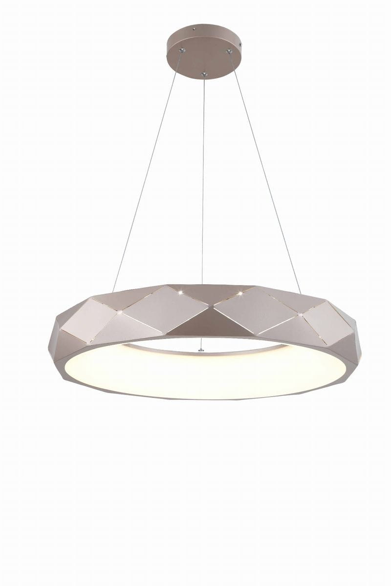 Złota lampa wisząca Reus LP-8069/1P LED z geometrycznym kształtem, zawieszona na cienkich linkach. Okrągła, płaska konstrukcja z matowym wykończeniem i wbudowanym źródłem światła. Tło białe, podkreślające elegancki design.