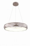 Złota lampa wisząca Reus LP-8069/1P LED z geometrycznym kształtem, zawieszona na cienkich linkach. Okrągła, płaska konstrukcja z matowym wykończeniem i wbudowanym źródłem światła. Tło białe, podkreślające elegancki design.