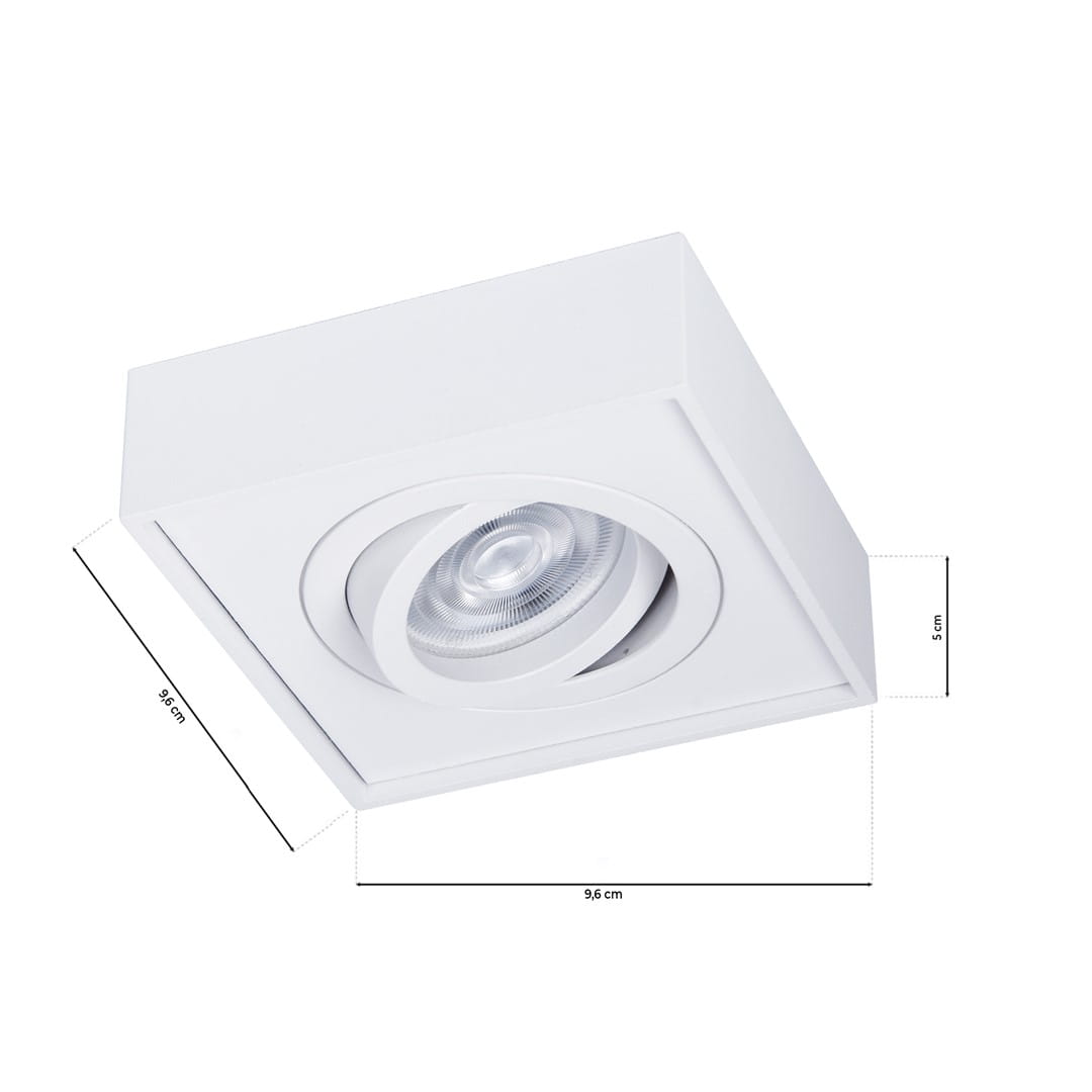 Oprawa do zabudowy Nusa Square w kolorze białym, kwadratowa, z jednopunktowym źródłem światła. Wymiary: 9,6 cm x 9,6 cm, wysokość 5 cm. Ujęcie z góry, ukazujące detal reflektora wewnętrznego.