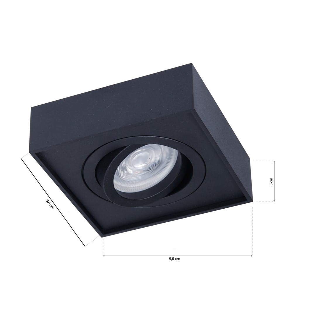 Nusa Square oprawa do zabudowy 1-punktowa w kolorze czarnym, kwadratowa, z wbudowanym źródłem światła. Wymiary: 9,6 cm x 9,6 cm, wysokość 5 cm. Zbliżenie na detal oprawy, widoczny klosz z przezroczystym elementem wewnętrznym.