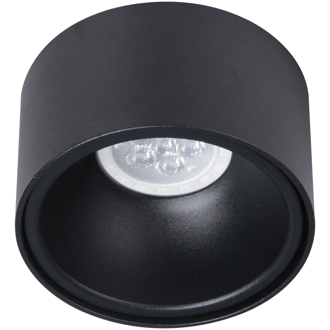 Czarna, okrągła oprawa do zabudowy Bali Round z jednopunktowym oświetleniem LED. Ujęcie z góry, ukazujące gładką, matową powierzchnię oraz wnętrze z diodami. Idealna do nowoczesnych aranżacji wnętrz.