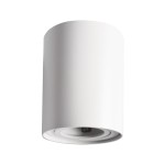 Bima Round lampa sufitowa 1-punktowa w kolorze białym, o cylindrycznym kształcie, zamontowana sufitowo. Powierzchnia matowa, z widocznym wnętrzem do umieszczenia źródła światła. Ujęcie z boku, pokazujące proporcje i detale konstrukcji.
